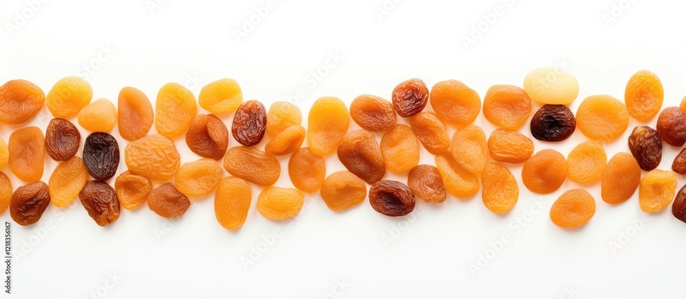 Poster Top view of neatly arranged dried apricots in vibrant orange and golden hues on a white background with ample copy space for text placement
