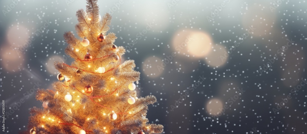 Poster closeup of a shimmering christmas tree adorned with warm glowing lights against a soft snowfall back