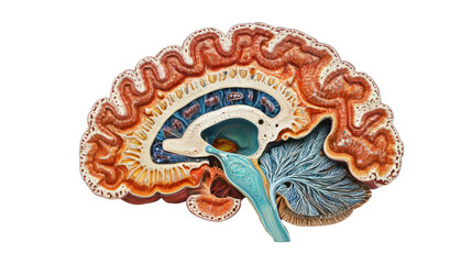 Detailed anatomical illustration of a human brain, showcasing internal structures and features against a white isolated background.