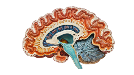 Detailed anatomical illustration of a human brain, showcasing internal structures and features against a white isolated background.