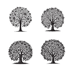 4 set of black Detailed Silhouette of the Mockernut Hickory Tree - High-Quality Vector Art