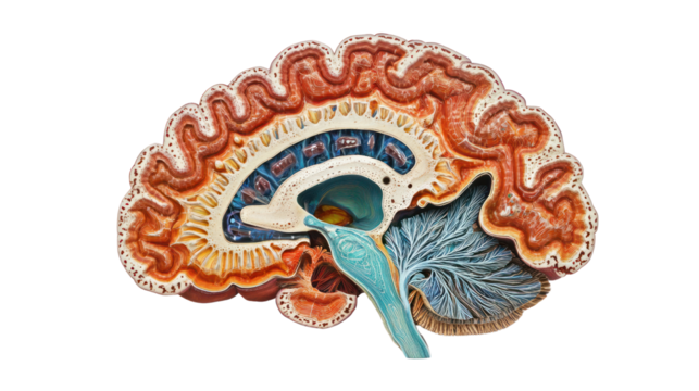 Detailed anatomical illustration of a human brain, showcasing internal structures and features against a white isolated background.