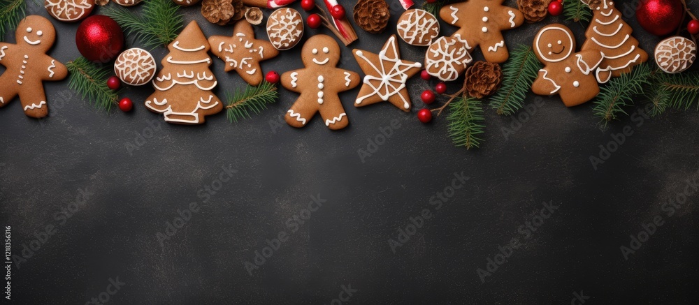 Poster Top view of Christmas gingerbread cookies and red ornaments arranged on dark concrete background with fir branches creating a festive border