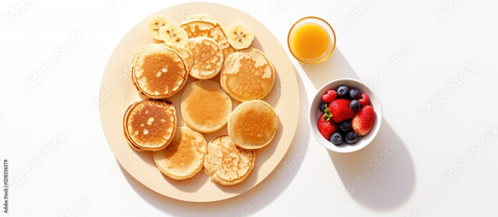 Poster delicious stack of golden pancakes arranged on a round wooden plate with maple syrup in a glass and 