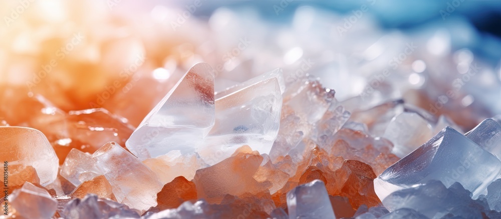 Poster close up macro view of translucent sea salt crystals in shades of white and light orange scattered o