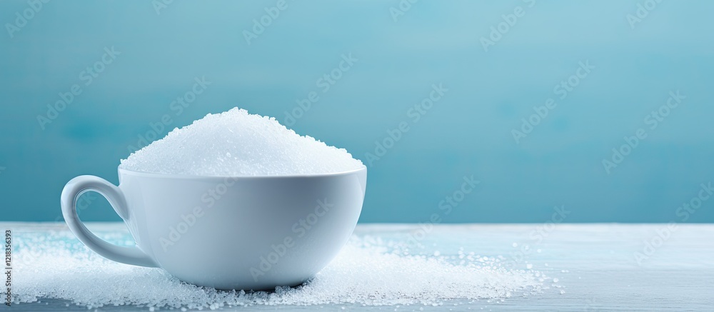 Aufkleber White cup filled with coarse sea salt centered on a light blue surface with ample negative space for design elements or text placement.