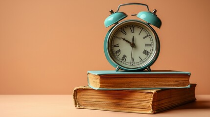 Vintage Teal Alarm Clock on Antique Books, Still Life Photography