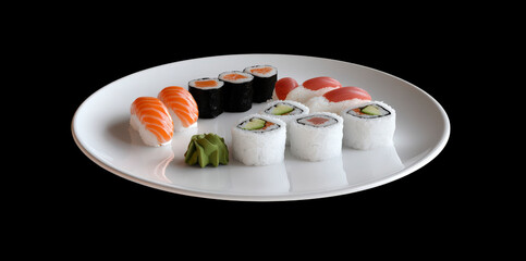 a plate with assorted sushi rolls, a delicious meal