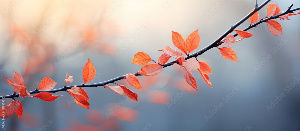 Poster close-up of delicate autumn leaves in shades of orange and red on a blurred blue background conveyin