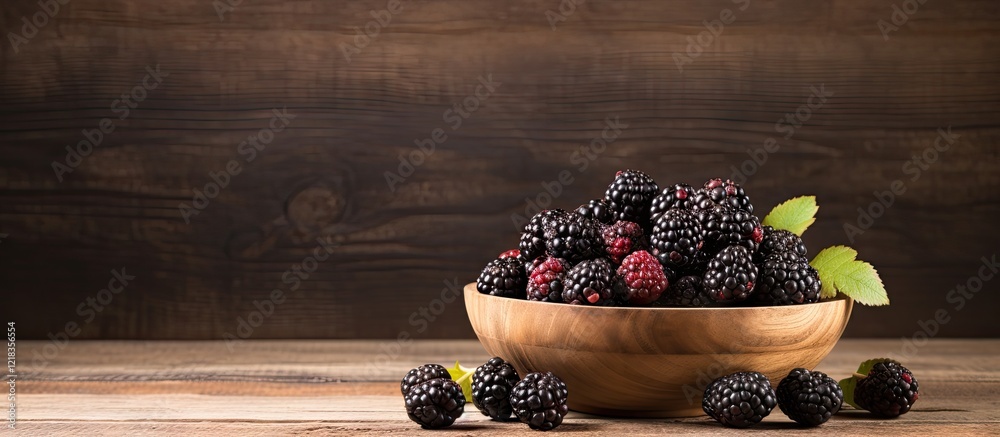 Aufkleber fresh blackberries in a wooden bowl on a rustic wooden table with vibrant green leaves, inviting and