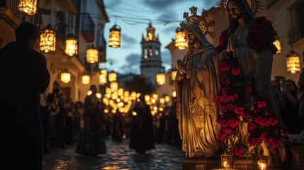 Early Semana Santa procession with statues of Jesus and Mary decorated with red roses, Ai generated images