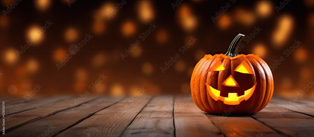Poster Halloween pumpkin illuminated on rustic wooden planks with a warm blurred orange background creating ample copy space for text.