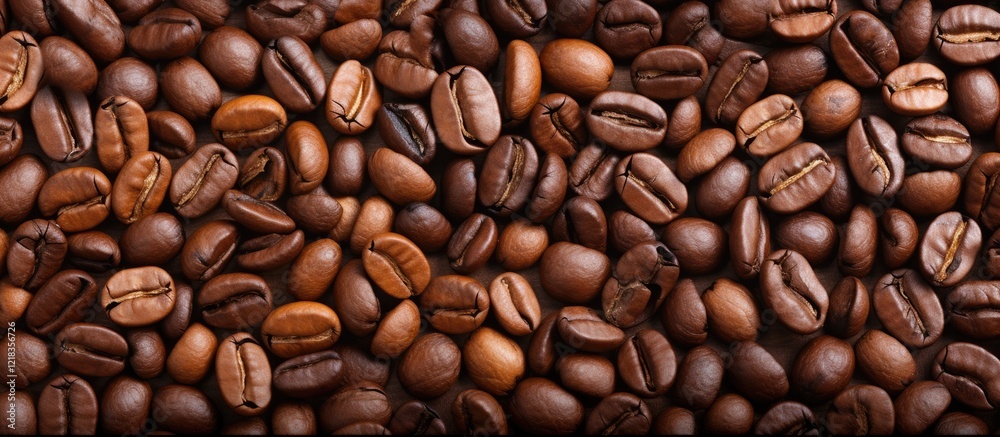 Poster Rich assortment of coffee beans in various shades of brown arranged closely with ample copy space in the center for text or branding elements.