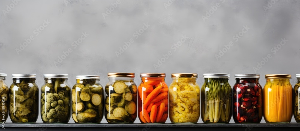 Poster Colorful arrangement of various pickled vegetables in jars on a gray table with ample copy space for text on the left side of the image