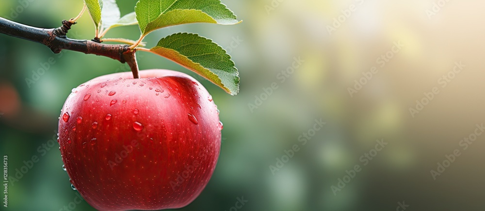 Poster Close up of a vibrant red apple with water droplets hanging from a green branch surrounded by soft blurred greenery and golden light in background