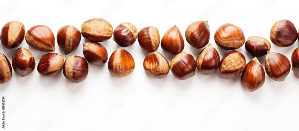 Poster row of glossy chestnuts in various brown tones arranged neatly on a white background highlighting th