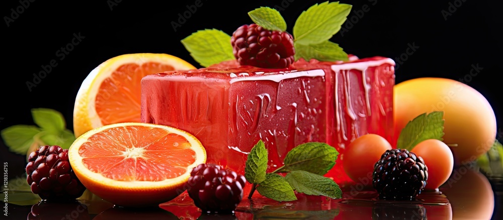 Poster vibrant red and orange fruit soap surrounded by fresh citrus slices and blackberries on a reflective
