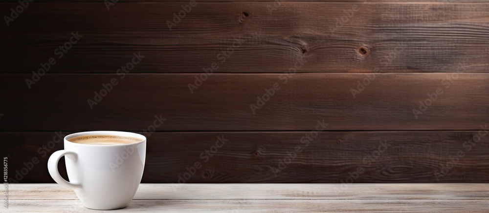 Poster White coffee cup filled with coffee on a rustic wooden table with dark wood background creating a cozy atmosphere for copy space usage