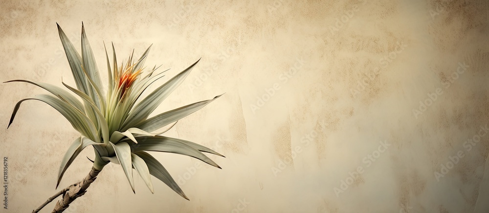 Poster yucca plant with opening inflorescence on the left side against a textured beige paper background, c