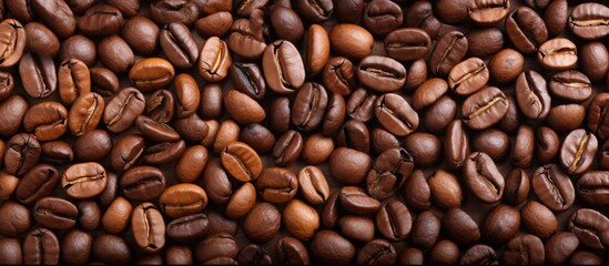 Fototapeta premium Rich assortment of coffee beans in various shades of brown arranged closely with ample copy space in the center for text or branding elements.