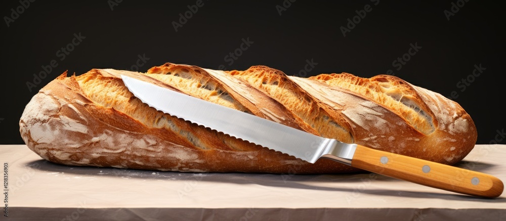Poster baguette bread with golden crust and serrated knife on light wooden surface against a dark gray back
