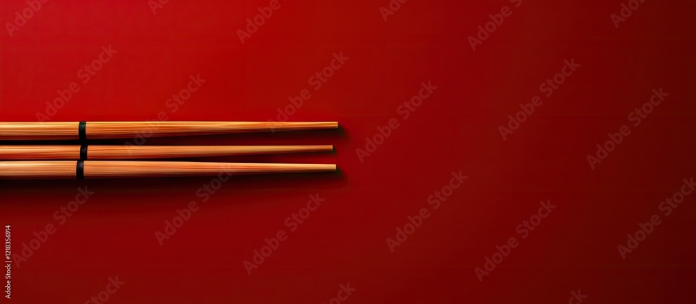 Poster Red background featuring bamboo chopsticks positioned horizontally on the left side with ample copy space for text on the right side.