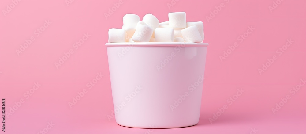 Poster White marshmallows piled high in a light pink paper cup centered against a soft pink background showcasing ample space for text or additional images.