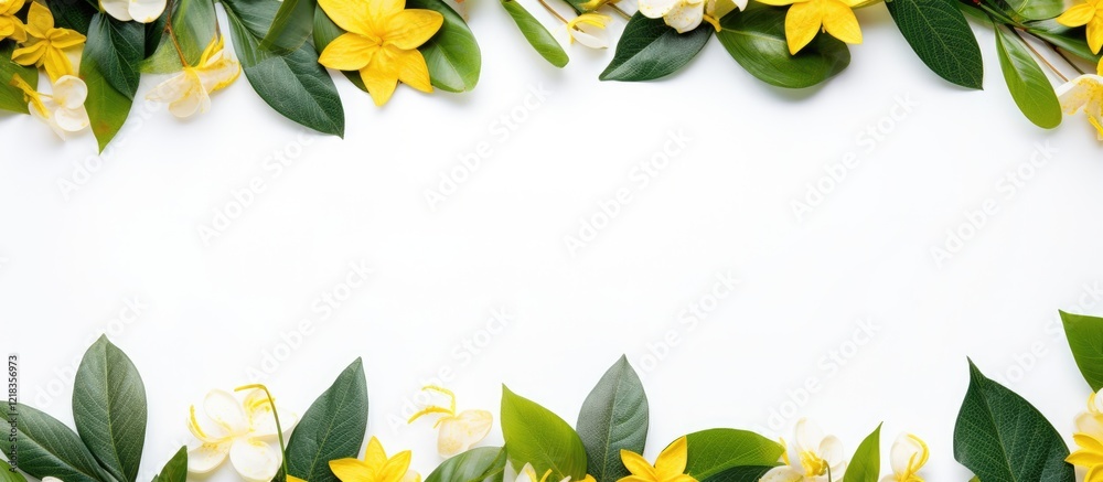 Poster floral border arrangement featuring vibrant yellow flowers and lush green leaves on a clean white ba