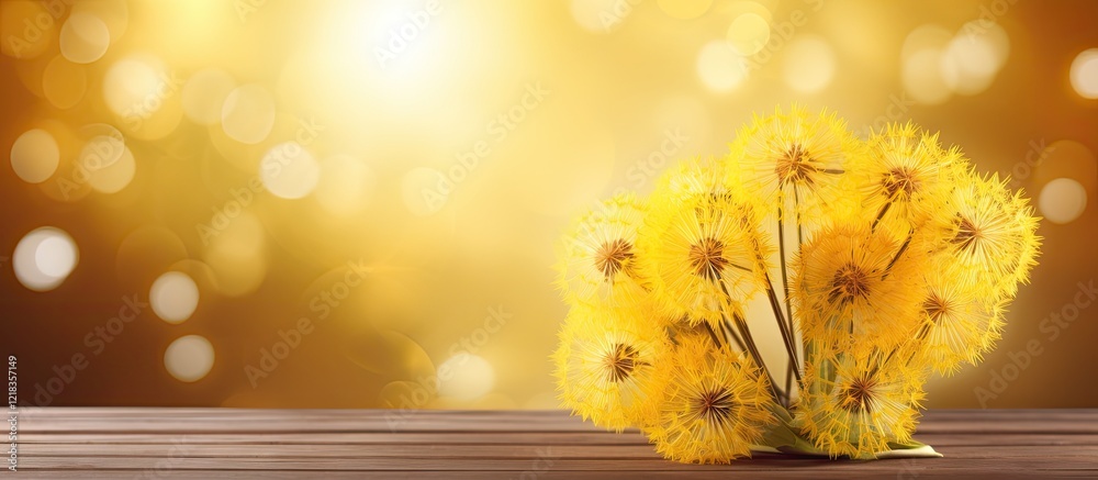 Poster Bright yellow dandelion bouquet on a wooden table with a blurred golden bokeh background and ample negative space for text on the right
