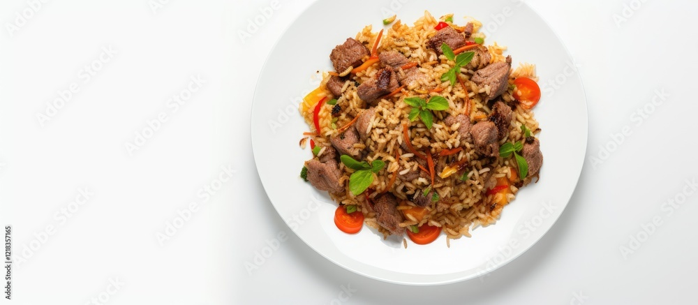 Poster plate of colorful homemade fried rice topped with grilled lamb slices garnished with parsley on a wh