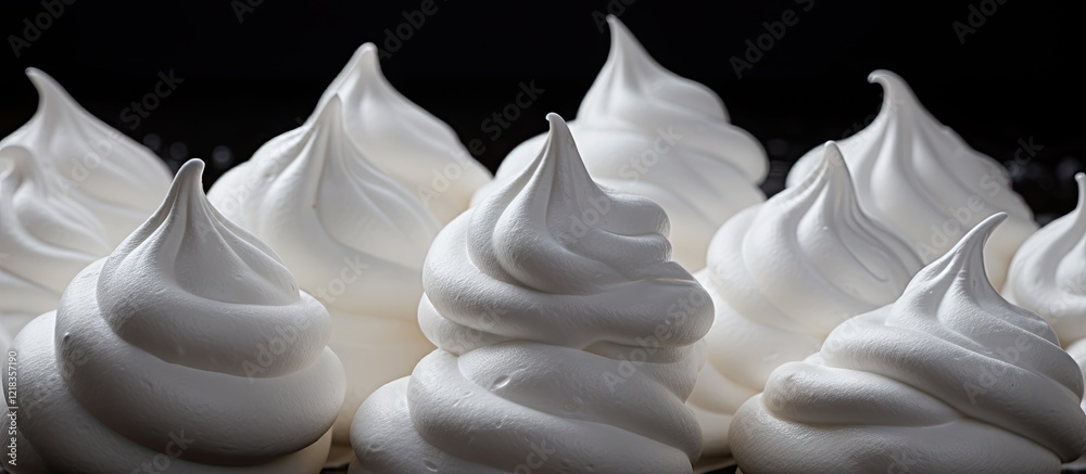 Poster Delicate fluffy white French vanilla meringue cookies arranged in a row against a dark background showcasing texture and shape for copy space usage