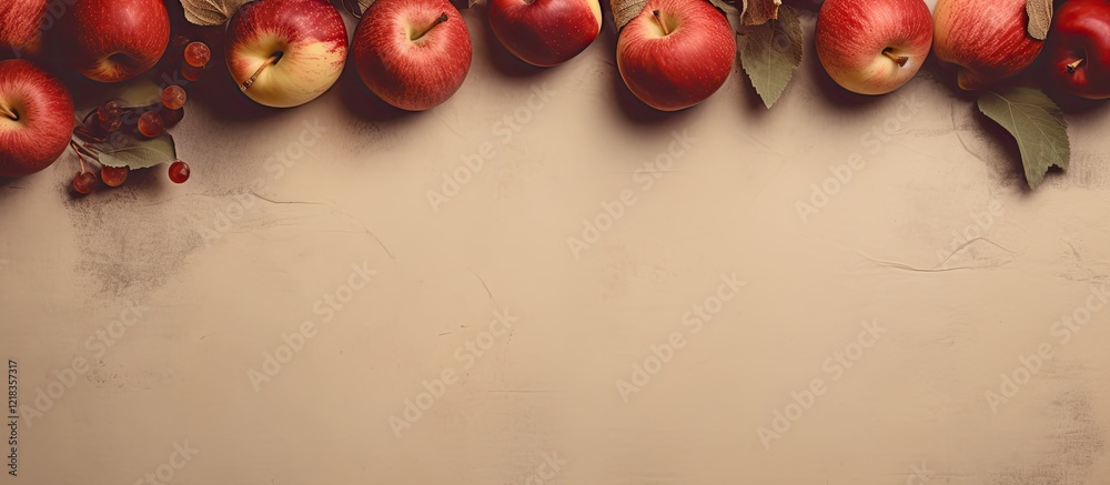 Poster Vintage paper background featuring a row of red and green apples along the top edge with ample empty space for text below, warm earthy tones.