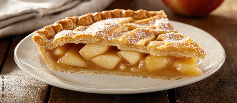 Poster Rustic apple pie slice on a white plate with golden crust and visible apple filling, set against a wooden table background with a soft gray cloth.