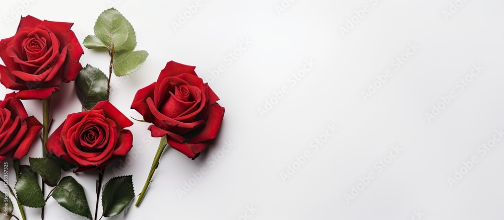 Poster Flat lay of lush red roses and buds on a white background with ample negative space on the right for text placement, vibrant green leaves added.