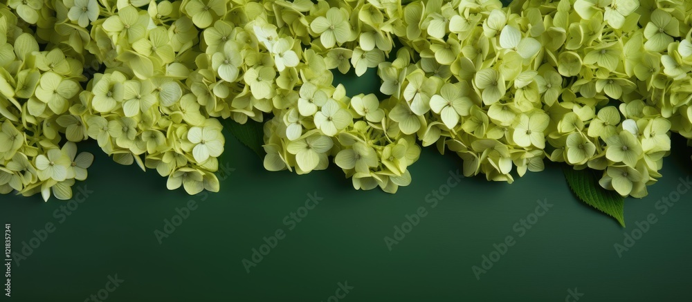 Poster Green background with a golden square frame filled with dried hydrangea flowers arranged in a vertical format featuring ample copy space on top