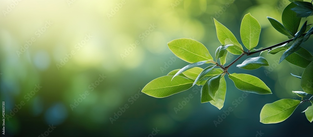 Aufkleber lush green leaves on a delicate branch with a soft blurred background of hazy greens and yellows, ca
