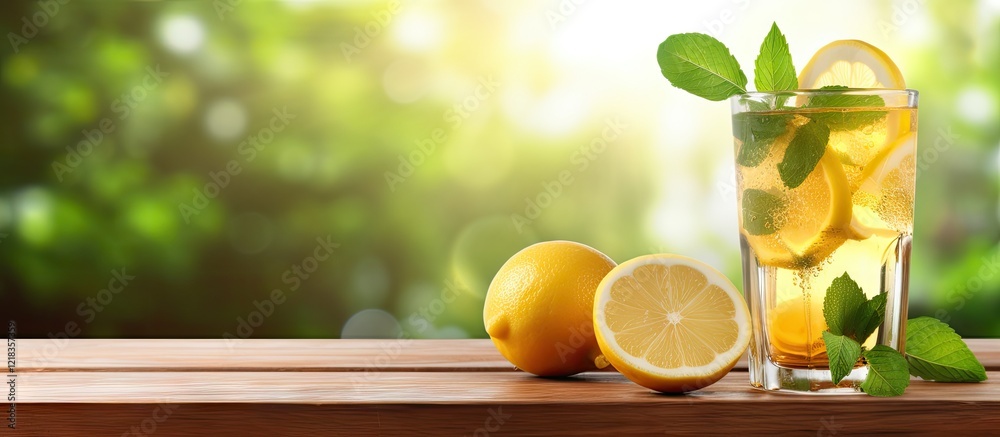 Poster refreshing iced tea with lemon slices and mint leaves in a glass on wooden table with lemon halves s