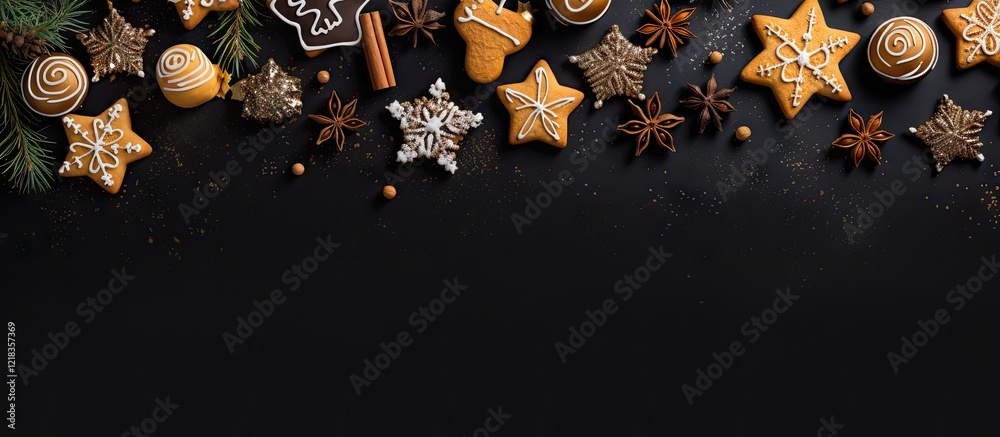 Poster festive flat lay of golden star-shaped cookies and gingerbread on a black background with spices and
