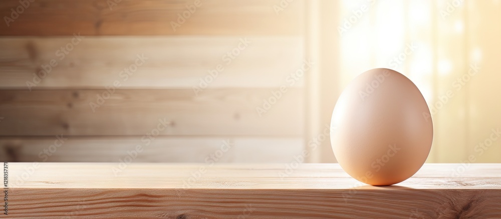 Poster Sunlit chicken egg resting on a weathered white wooden table with soft shadows and warm light, featuring ample copy space for text.