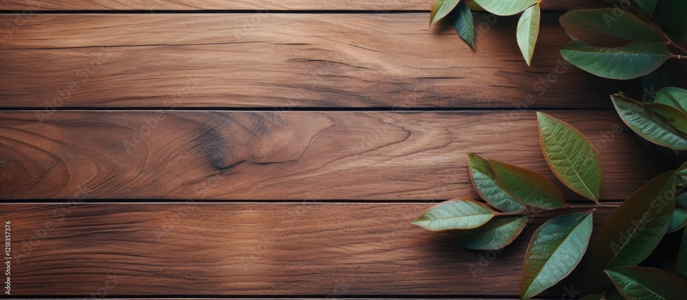 Poster fresh green leaves arranged on a dark wooden background with rich grain texture and ample copy space