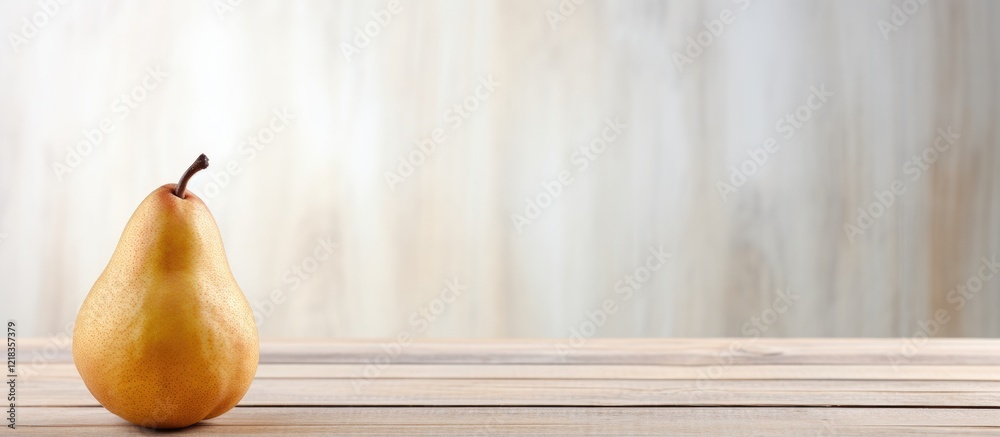 Poster single ripe pear positioned left on a white wooden table with soft blurred light background offering