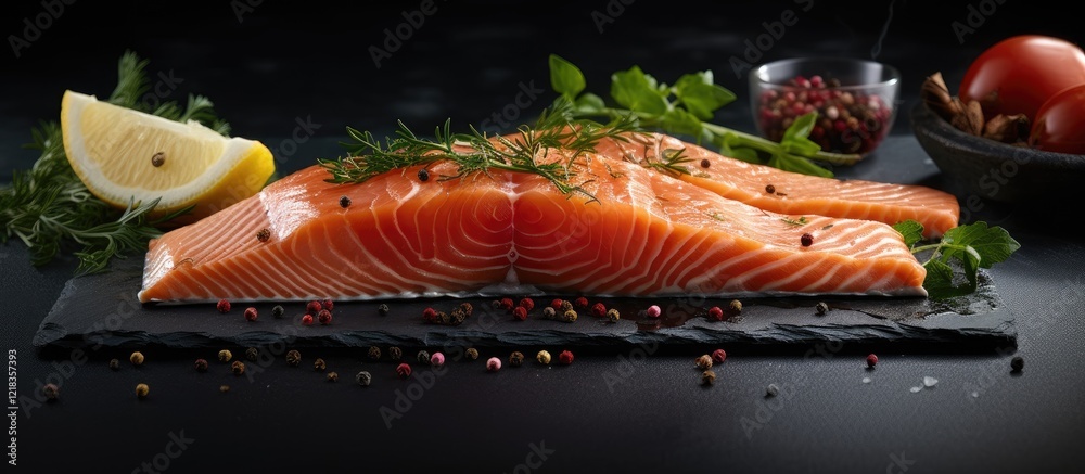 Aufkleber fresh salmon fillet on slate with lemon wedge, fresh herbs, and cherry tomatoes in dark setting feat