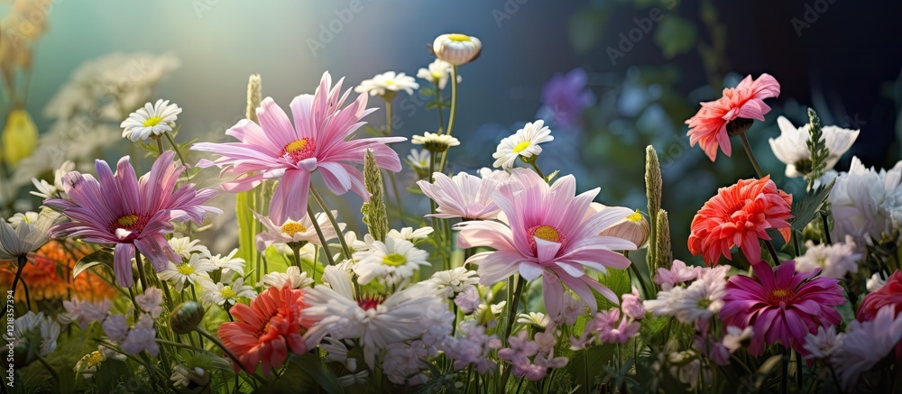 Poster vibrant display of pink, white, and red flowers in a lush green backdrop with soft sunlight creating