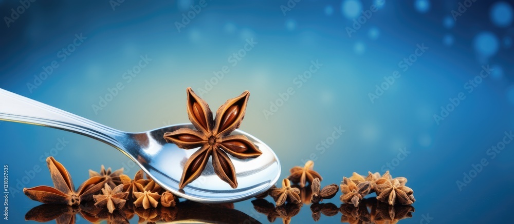 Poster spoon holding star anise with spices on a blue bokeh background creating negative space for text lay