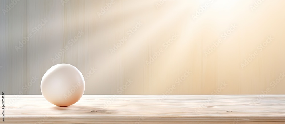 Poster sunlit chicken egg on a weathered white wooden table with soft golden background rays and ample copy
