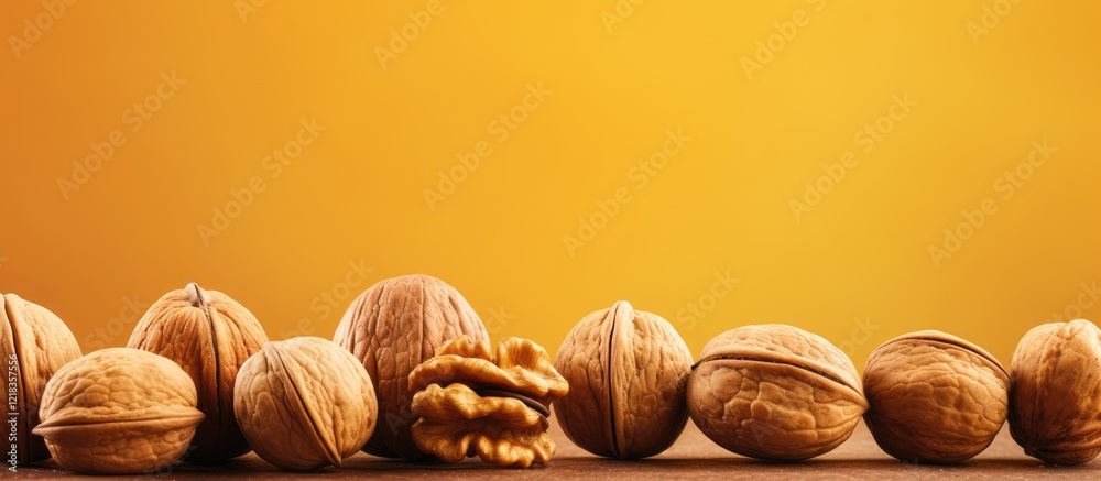 Poster An appealing arrangement of walnuts on a warm orange gradient background with empty space for text on the right side of the image.