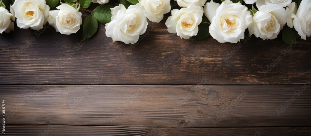 Poster White field roses arranged along the top edge of a rustic dark wooden surface creating a serene natural border for copy space below.
