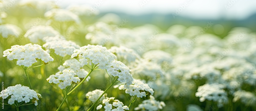 Poster yarrow flowers blooming in a sunlit field with soft green background and white petals enhancing tran