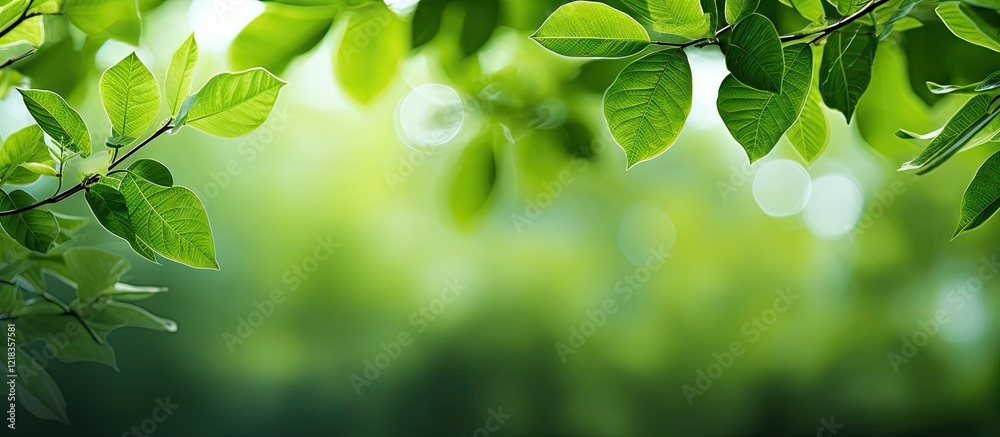Poster lush green leaves with a soft bokeh background creating a vibrant summer atmosphere ideal for copy s