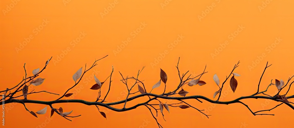 Poster Dry twigs and leaves arranged horizontally against a vibrant orange background with ample copy space for text or graphics.